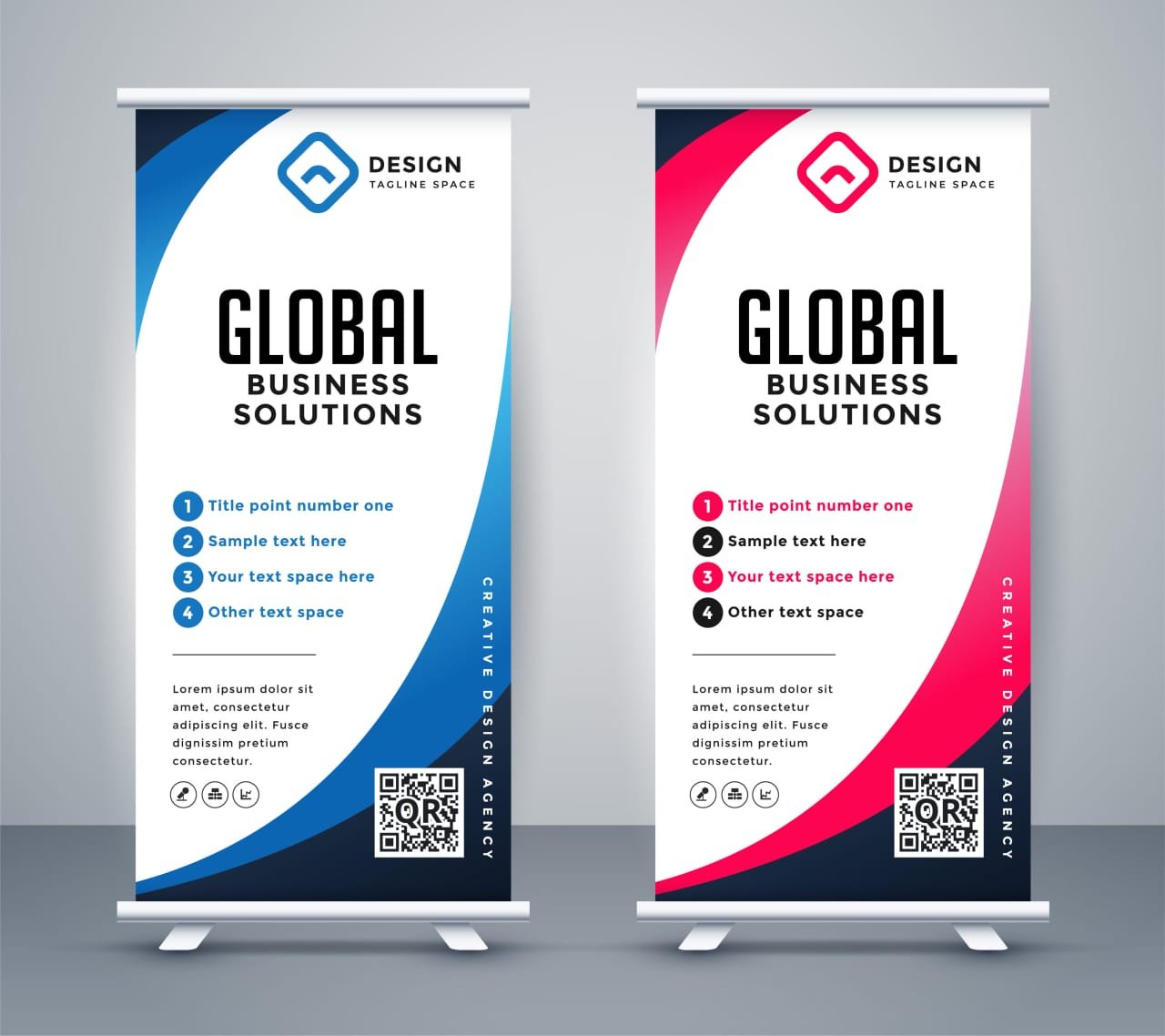 Self-standing roll-up banner with a retractable printed graphic and metal base. Ideal for exhibitions and events. Easy to transport and set up, offering strong visual impact.