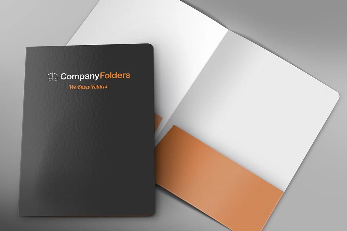 Professional corporate folder with a sleek, realistic design preview. Ideal for presentations and meetings, featuring space for branding, internal pockets for documents, and a slot for business cards.